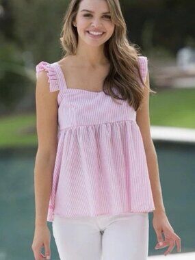 Simply Southern Women’s XL Pink White Stripe Seersucker Ruffle Tank Top